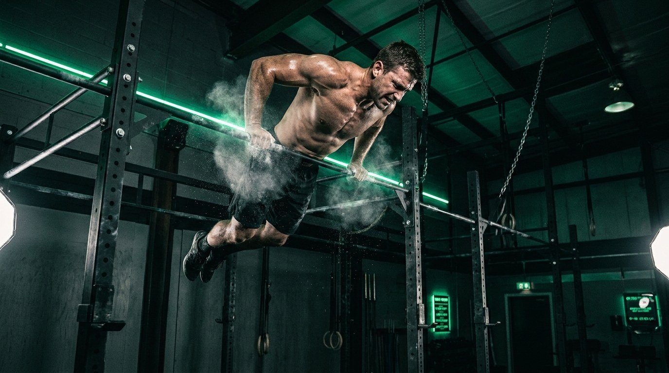 Atleta de CrossFit no topo de um bar muscle-up